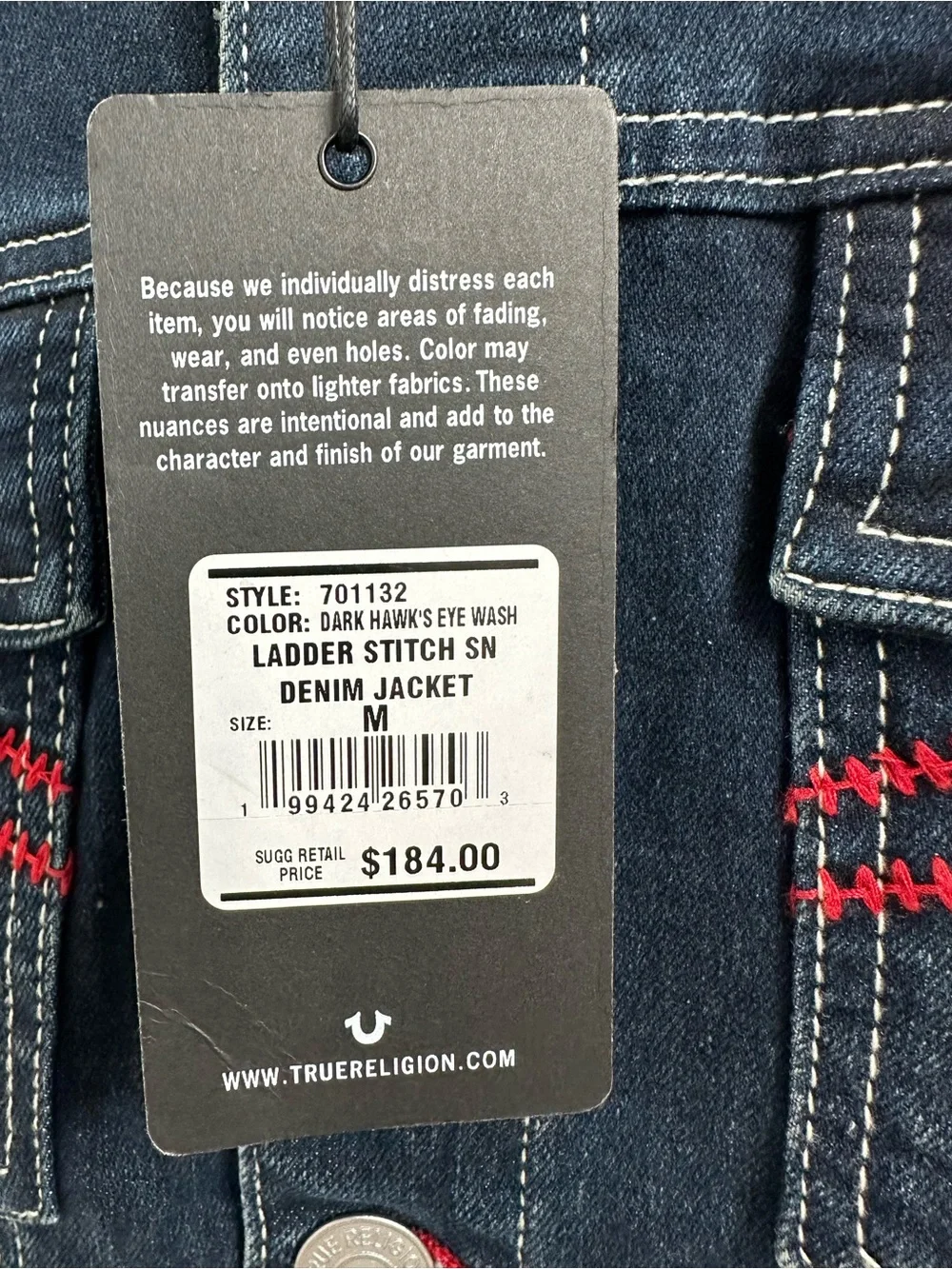 True Religion Denim Jacket Red Ladder Stitch Men’s siz M Dark Wash MSRP $184 New